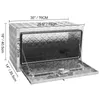 A silver aluminum diamond plate truck box with its lid open, showing dimensions. Produktbild-Vorschau