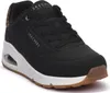 A black Skechers sneaker with a white sole and brown accents. Anteprima dell’immagine prodotto