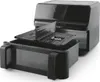 A black air fryer with its basket and rack pulled out, displayed on a white background. Produktbild-Vorschau