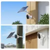 Collage of three images showing a Reolink Argus 3 Ultra camera with a solar panel mounted on different outdoor surfaces. Voir les images du produit