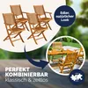 A collage of images showing wooden garden chairs and a table set, with text overlays highlighting product features. Produktbild-Vorschau