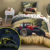 A bedroom scene with a bed featuring tractor-themed bedding. Produktbild-Vorschau
