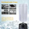 A collage of images showing how to charge the portable juicer, along with a description of its portability and use cases. The main product (juicer) is shown on the right. Produktbild-Vorschau