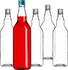 Five glass bottles are arranged in a row against a white background. One bottle in the front left is filled with red liquid and has a green cap. The other four bottles are empty and clear. Náhled obrázku produktu