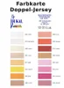 A color chart for Doppel-Jersey fabric, showing various color swatches with corresponding numbers and names. Produktbild-Vorschau