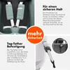 A collage of images showing a car seat's safety features, including its harness and tether system, with accompanying German text explaining the features. Produktbild-Vorschau