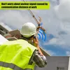 A construction worker wearing a hard hat and high-visibility vest is talking on a walkie-talkie with a construction crane in the background. Produktbild-Vorschau