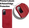 A red flip case for a Samsung Galaxy S20 FE phone is shown, with a close-up view highlighting the camera cutout and raised edge protection. Podgląd zdjęcia produktu