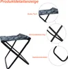 A collage showing a portable folding stool and close-ups of its features. Produktbild-Vorschau