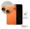 An orange iPhone with a close-up inset showing a screen protector applied to the camera lenses, and text overlays describing features. Produktbild-Vorschau