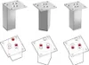 A collage of images showing three silver furniture legs, with the top row showing the legs from an angle and the bottom row showing dashed-line diagrams of their mounting plates with highlighted screw holes. Produktbild-Vorschau