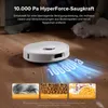 A white robot vacuum cleaner is shown on a wooden floor, with a white cat in the background. Text and graphics highlight the vacuum's suction power and cleaning capabilities. Produktbild-Vorschau