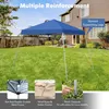 A blue pop-up canopy tent set up on a grassy lawn in front of a house, with feature callouts. Produktbild-Vorschau