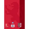 The back cover of a red notebook with a lion silhouette and product information. Voir les images du produit