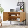A wooden sideboard with two doors, displaying decorative items and books, set in a living room environment. Anteprima dell’immagine prodotto