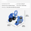 A blue trolley hoist with dimensions and specifications displayed. Produktbild-Vorschau