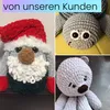 A collage of three crocheted stuffed toys: a gnome with a red hat, a grey and striped caterpillar-like creature, and a light grey bear. Produktbild-Vorschau