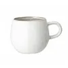 A white ceramic mug with a speckled texture and a brown rim is shown against a white background. Produktbild-Vorschau