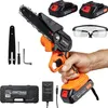 A hand holding a cordless chainsaw with accessories. Produktbild-Vorschau
