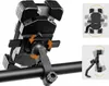 A collage of images showing a black bicycle or motorcycle phone holder attached to a handlebar, with close-ups and diagrams illustrating its adjustability. Anteprima dell’immagine prodotto