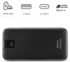 A black power bank with icons and text describing its features. Náhľad obrázku produktu