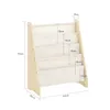 A wooden bookshelf with fabric shelves, showing dimensions. Produktbild-Vorschau