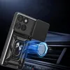 A black phone case with a sliding camera cover and a ring holder is shown attached to a car vent, with blue light effects indicating magnetic attraction. Produktbild-Vorschau