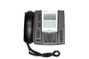 A black desk phone with a handset and a coiled cord, shown from a top-down diagonal angle against a white background. Produktbild-Vorschau