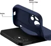 A dark blue phone case is shown being fitted onto a black smartphone. Text labels indicate features like 'flexible' and 'raised camera edge'. Anteprima dell’immagine prodotto