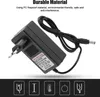 A black lithium-ion battery charger with a European plug and a coiled power cord is shown against a light gray and white background. Below the charger are four icons representing product features. Produktbild-Vorschau