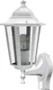 A white outdoor wall lamp with a glass enclosure and a visible light bulb, mounted on a white bracket. Produktbild-Vorschau