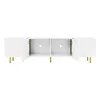 A white TV stand with gold legs is shown from the front with two of its doors open. Anteprima dell’immagine prodotto