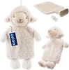 A product shot of a sheep-shaped hot water bottle and a separate hot water bottle with its cap. Podgląd zdjęcia produktu