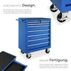A blue tool chest with multiple drawers is shown, with text describing its features and construction. Náhled obrázku produktu