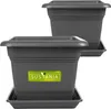 Two dark gray square planters with saucers are shown against a white background. The front planter has a green and yellow label with the word 'SUSTANIA' and a leaf logo. Produktbild-Vorschau