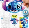 A collage showing a paint-by-numbers kit featuring the cartoon character Stitch. The top section shows a close-up of the painting process with a hand holding a brush and a paint pot. The bottom section displays three stages of the painting: a line drawing, Produktbild-Vorschau