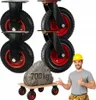 A man in a yellow hard hat is giving a thumbs up next to a demonstration of heavy-duty casters supporting a large rock. Voir les images du produit