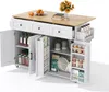 A white kitchen island with a wooden countertop, filled with various kitchen items and food products. Voir les images du produit