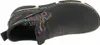 A top-down view of a black women's bootie with a colorful patterned elastic insert. Voir les images du produit