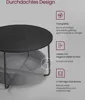 A round coffee table with a fabric basket underneath, shown with feature callouts. Produktbild-Vorschau