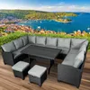 An outdoor seating set with a table and stools is placed on a wooden deck with a scenic view of a coastal town and bay in the background. Produktbild-Vorschau