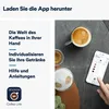 A split image showing text and app features on the left, and coffee cups and a smartphone on the right. Produktbild-Vorschau