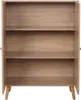 An open cabinet with three shelves, made of wood with a light brown oak-like finish, standing on four tapered legs. Podgląd zdjęcia produktu