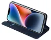 A dark blue flip case for an iPhone is shown open, with the phone displaying a colorful wallpaper. A credit card is visible in a slot on the case. Produktbild-Vorschau