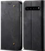 A black flip-style phone case is shown from the front and back.