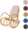 A beige rocking chair with a wooden frame is shown against a white background. To the right of the chair, there are several colored circles representing different fabric options for the chair. Náhľad obrázku produktu