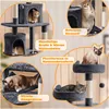 A collage of images showcasing a multi-level cat tree with various features and cats interacting with it. Produktbild-Vorschau