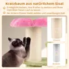 A Siamese cat is scratching a cat tree made of sisal rope. The image also shows close-ups of the sisal rope with size comparisons. Produktbild-Vorschau