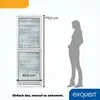 A refrigerator is shown next to a silhouette of a person to indicate its size. Dimensions are also displayed. Produktbild-Vorschau
