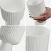 Collage of four close-up shots of a white ribbed planter on a stand. Podgląd zdjęcia produktu